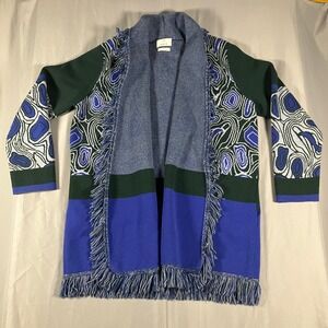 ALLUDE One Size Womens Cardigan Sweater Blue Green Abstract Print Fringe
